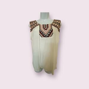 Solitaire Anthropologie Cream Sleeveless Embroidery Boho Geometric Patton Top M